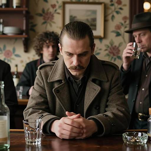 Man with Mustache Sitting at Vintage Bar