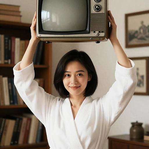 Woman Lifting Vintage TV in Cozy Room