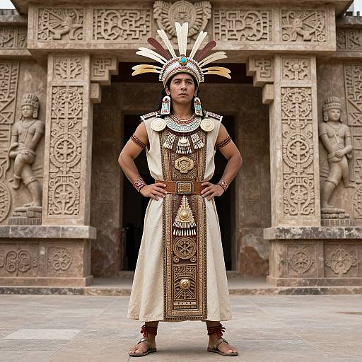 Photograph of a young Indigenous man in traditional Mayan attire, with intricate headpiece, white robe, and detailed jewelry, standing before an ancient stone