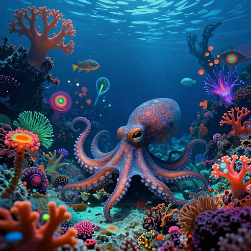 Vibrant underwater photograph of a blue octopus with orange patterns amidst colorful coral reefs and diverse marine life, illuminated by blue sunlight.
