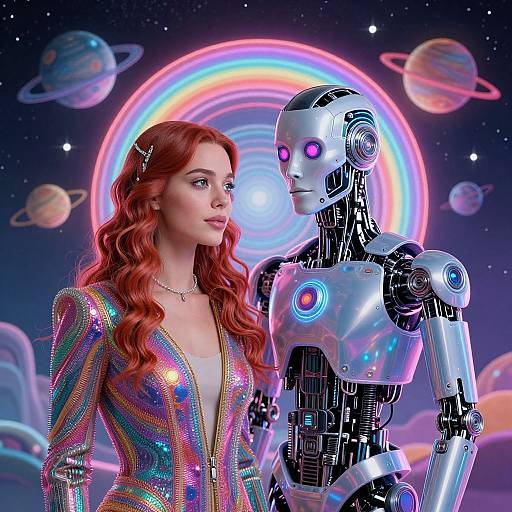 Digital art of a red-haired woman in a shimmering rainbow jacket and a futuristic silver robot with glowing purple eyes, standing in a cosmic background with planets