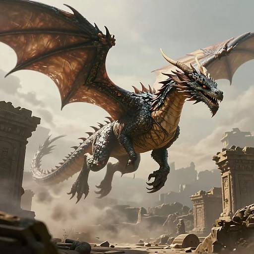 Digital painting of a massive, dark blue dragon with orange wings soaring above a ruined, ancient cityscape under a bright, cloudy sky.