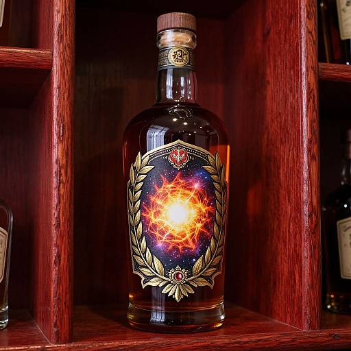 Ancient Whiskey Bottle on Oak Shelves