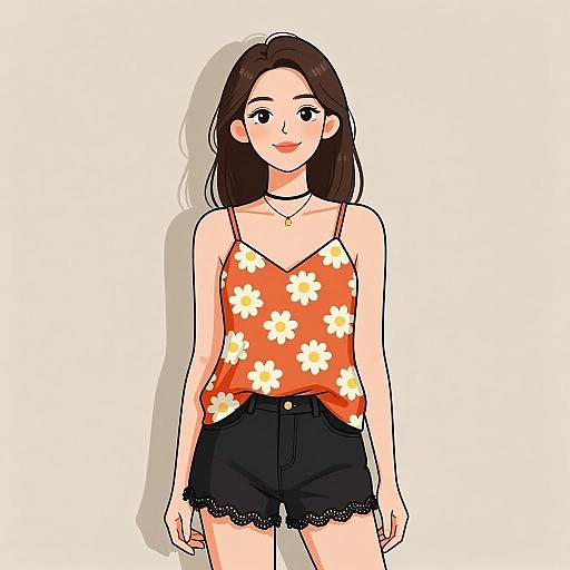 Digital anime-style drawing of a young woman with long brown hair, wearing an orange floral tank top and black lace-trimmed shorts.