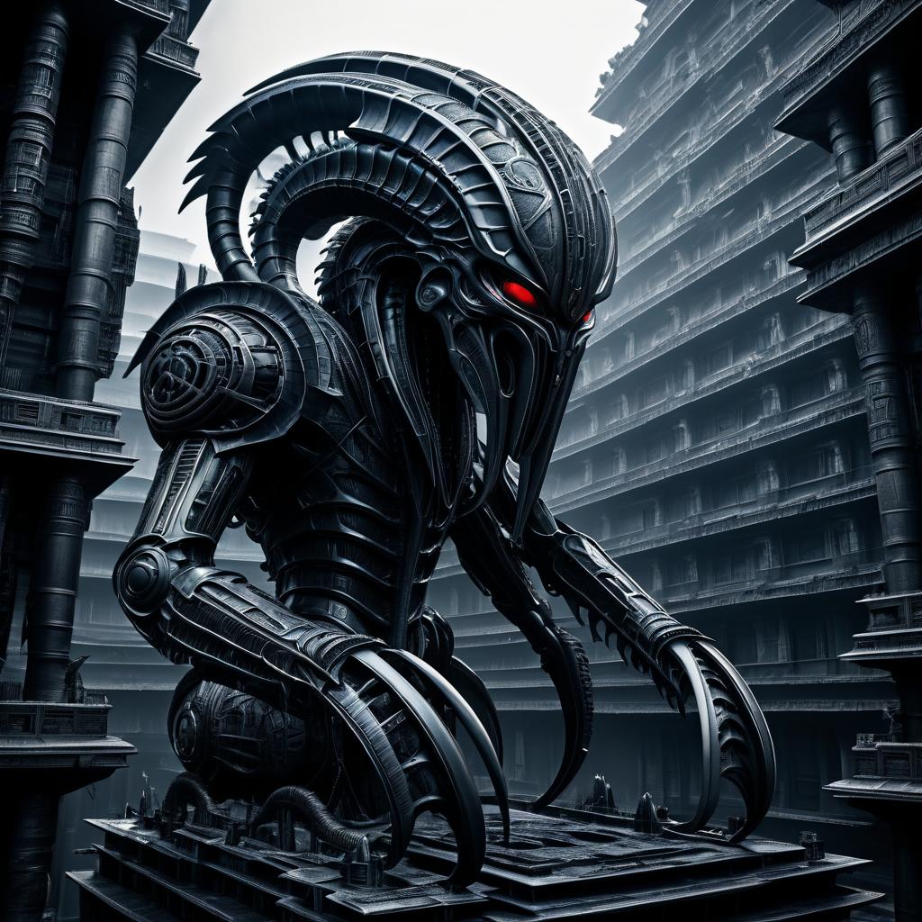 Mayan Biomechanical Xenomorph in Dark Cityscape