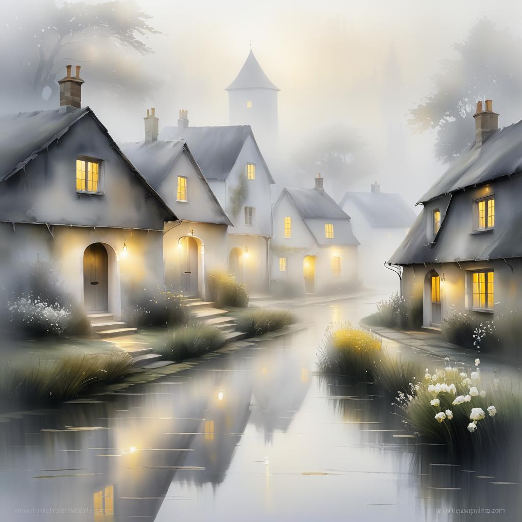 Ethereal Foggy Village Painting