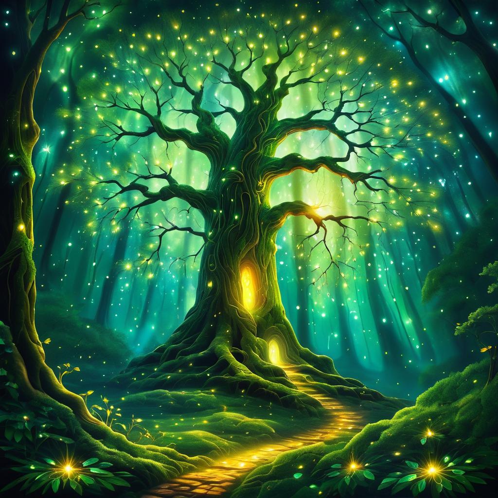 Enchanted Tree with Glowing Fireflies