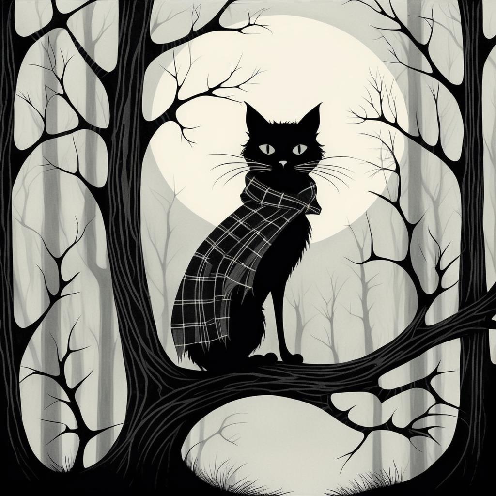 Creepy Cat in Whimsical Forest Art