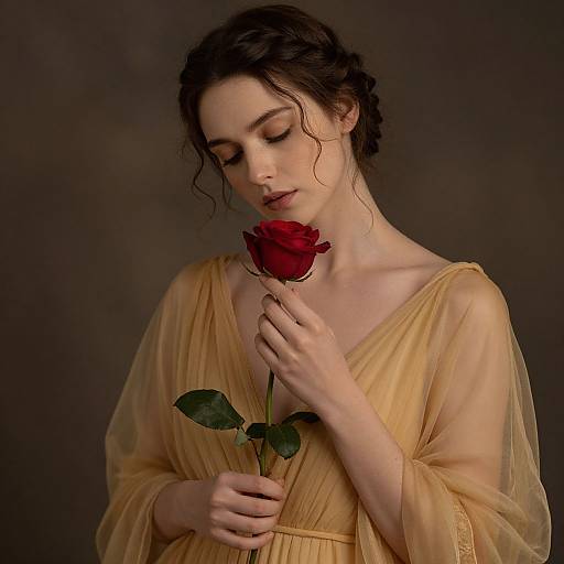 Photograph of a fair-skinned woman with wavy dark brown hair, wearing a sheer yellow dress, gently holding a red rose against a dark background