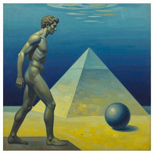 Artistic painting of a nude, muscular male statue walking past a pyramid and a sphere, set against a blue and yellow abstract background.