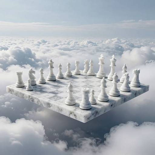 Photorealistic digital image of a floating white chessboard with white pieces, set against a cloudy sky background.