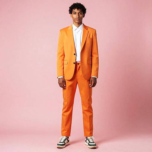 Photograph of a young man with curly hair, wearing an orange suit, white shirt, and black-and-white sneakers, standing against a pink background.
