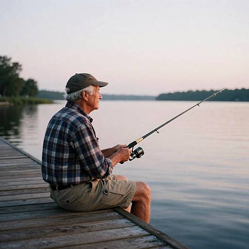 Photograph of elderly white man in plaid shirt and khaki shorts fishing on wooden dock at sunset, holding fishing rod.