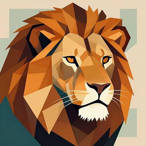Polygonal digital art of a regal lion with a vibrant, multicolored mane, sharp orange eyes, and white whiskers, set against a