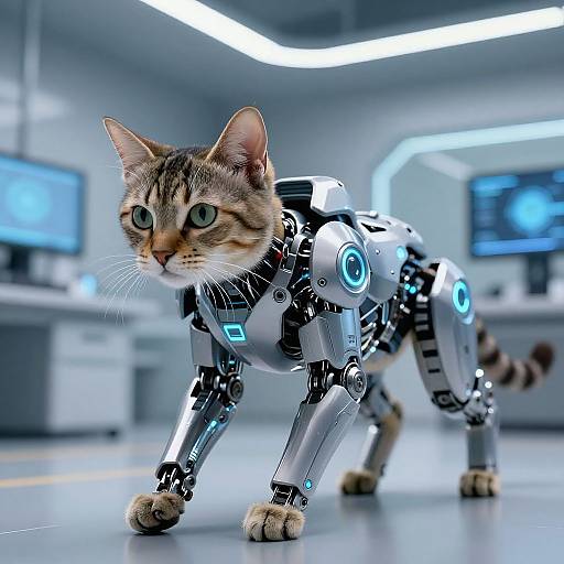 Photorealistic CGI of a cybernetic tabby cat with glowing blue joints, green eyes, and a futuristic lab background.