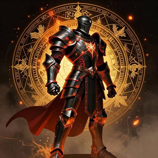 Digital artwork of a glowing, black armored warrior with a red cape, standing before a radiant, golden, mystical circle background.