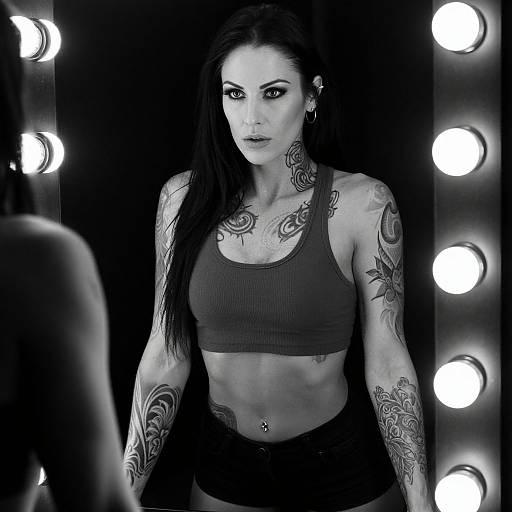Black-and-white photograph of a tattooed woman with long dark hair, wearing a sports bra and black shorts, standing in front of a mirror with bright