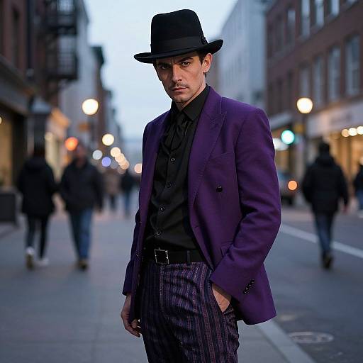 Photograph of a stylish man in a black fedora, purple blazer, black shirt, and striped trousers, standing on an urban street at dusk