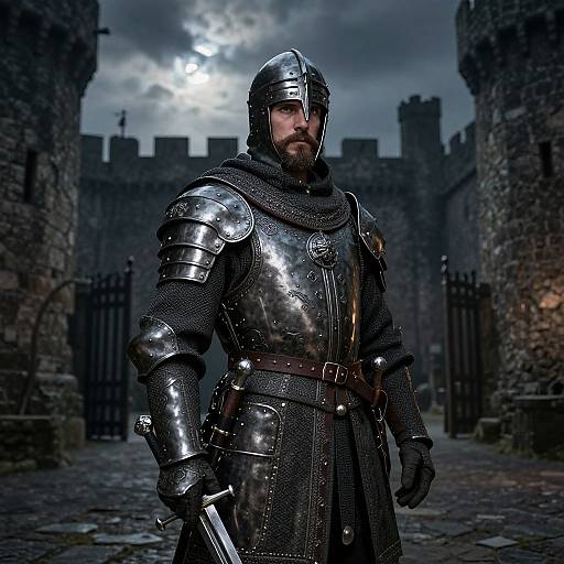 Photorealistic medieval knight in shiny silver armor, with a mustache, holding a sword, standing in a dark, stormy castle courtyard.