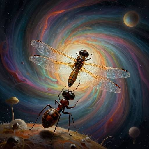 Digital artwork of a detailed dragonfly with translucent wings, perched on an ant, against a vibrant, swirling galaxy background with planets and mushrooms.