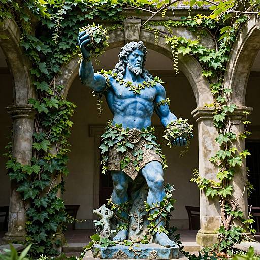Dagda Statue in Ivy-Covered Courtyard