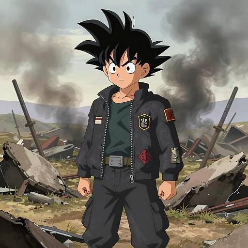 Determined Boy in War-Torn Battlefield Anime Style