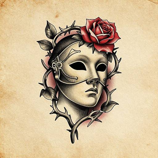 Tattoo-style black and red ink drawing of a masked face adorned with a rose, thorns, and leaves on aged paper.