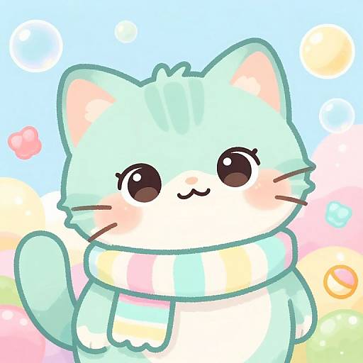 Adorable pastel-colored cartoon cat with large black eyes, mint green fur, pink-tinted cheeks, and a multicolored scarf against a