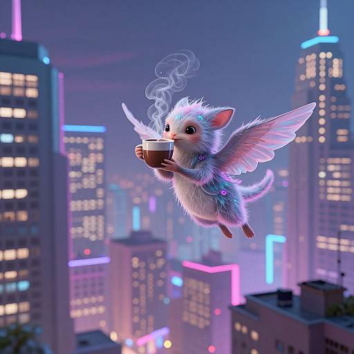 Digital illustration of a fluffy, winged, white-furred creature with a steaming cup, floating in a neon-lit, futuristic cityscape at