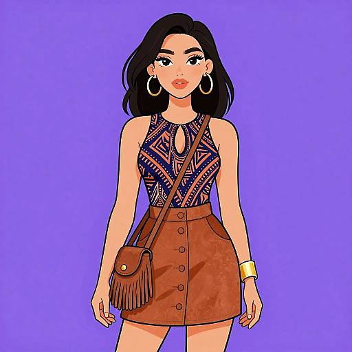 Digital illustration of a confident woman with dark hair, wearing a patterned top, brown buttoned skirt, large hoop earrings, gold bracelet, and fr