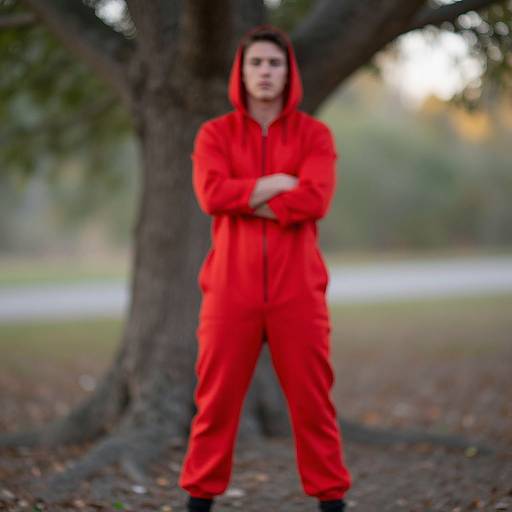 Photograph of a person in a bright red, hooded onesie standing with arms crossed in front of a large tree in a blurred, autumnal