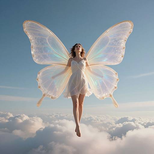Photograph of a woman with translucent, iridescent butterfly wings, wearing a flowing white dress, floating above fluffy clouds against a clear blue sky.
