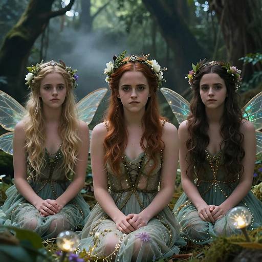 Three fairy-like women with glowing wings, flower crowns, and green dresses sit in a mystical forest, surrounded by enchanted lights. CGI fantasy image.