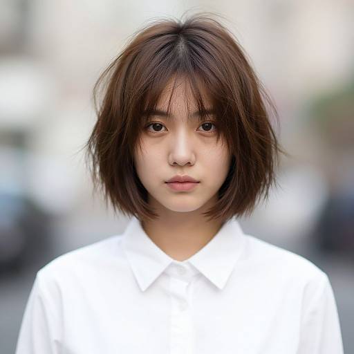 Photograph of an Asian woman with short, messy dark brown hair, wearing a white shirt, with a blurred urban background.