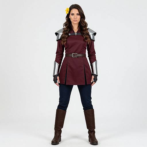 Photograph of a dark-haired woman in medieval-style armor, wearing a maroon tunic, black pants, brown boots, and silver shoulder guards,