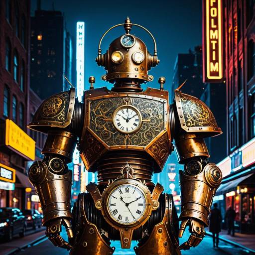 Victorian Robot in Neon Cityscape