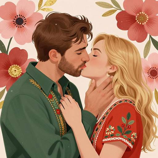 Romantic Kiss Among Colorful Blossoms