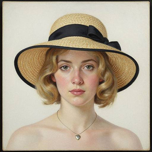 Digital portrait of a young, fair-skinned woman with wavy blonde hair, wearing a straw hat with a black ribbon, and a simple necklace,