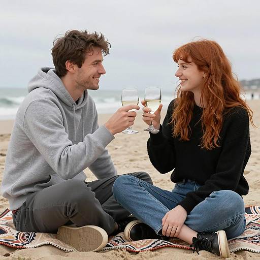 Couple Toasting with White Wine on Beach