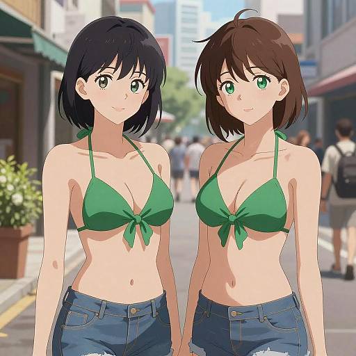 Two Anime Girls in Green Bikinis on City Street