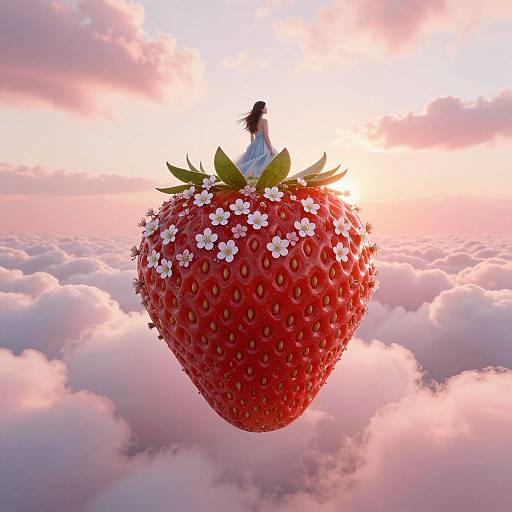 Digital artwork of a large, red strawberry with white flowers, adorned with tiny seeds, floating in a pink-tinted cloud sky. A small girl