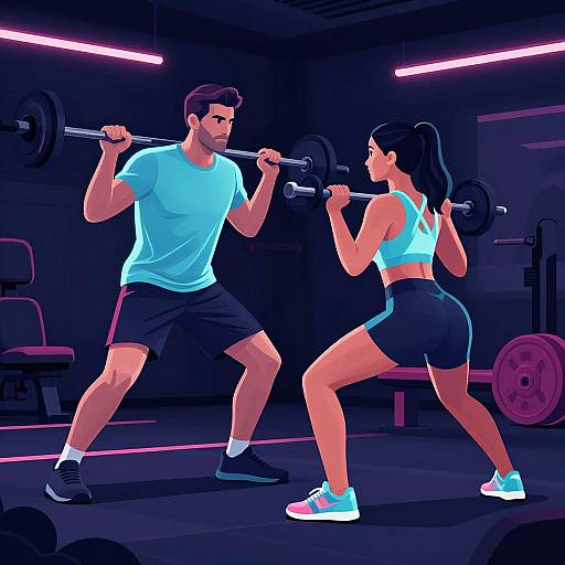Digital illustration of a muscular man and woman lifting weights in a dimly lit gym with neon pink lighting. Both wear sports attire; man in blue shirt