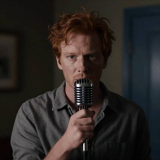 Intense Red-Haired Man with Microphone
