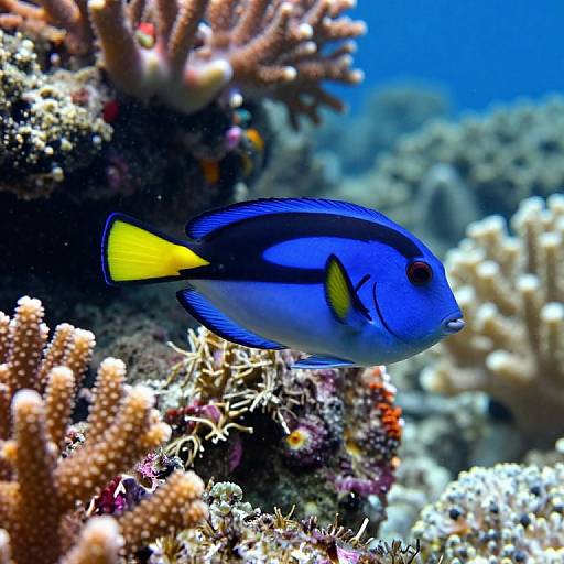 Photograph of a vivid blue and yellow fish with black stripes swimming among colorful coral reefs in a vibrant underwater scene.