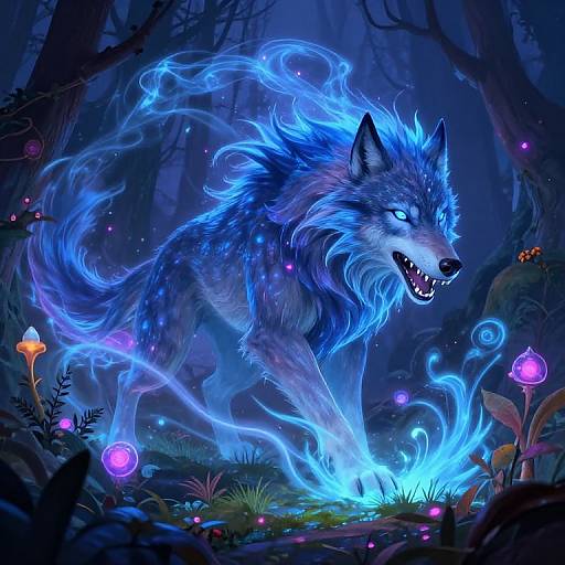 Digital fantasy artwork of a glowing blue wolf with fiery mane, sharp teeth, and luminescent eyes, surrounded by bioluminescent flowers in a
