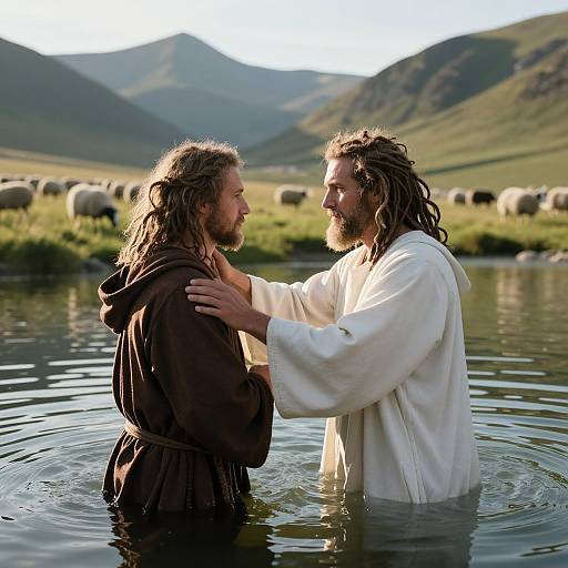 Photograph of two long-haired, bearded men in white and brown robes standing in a river, with a flock of sheep and mountains in the background