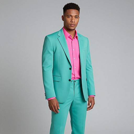 Photograph of a tall, handsome Black man with short curly hair, wearing a bright turquoise suit and pink shirt, standing against a plain light gray background