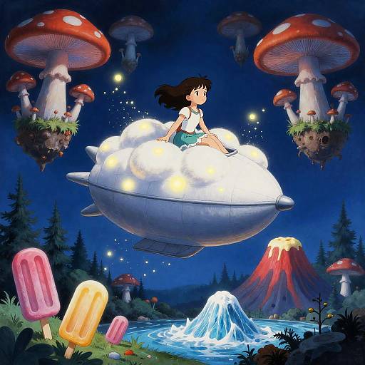 Fantasy Girl on Airship in Surreal Mushroom Landscape