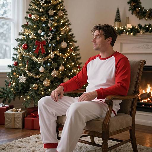 Photograph of a man with short brown hair, wearing red and white raglan shirt and pants, sitting in a chair by a lit Christmas tree and