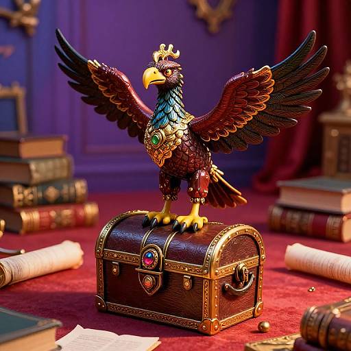 Photorealistic CGI of a regal, black-feathered eagle with gold crown, standing on a detailed, ornate chest, surrounded by books